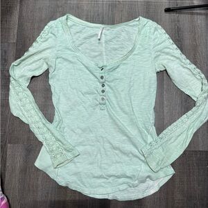 Free People mint green button-up henley with lace accents up the arms